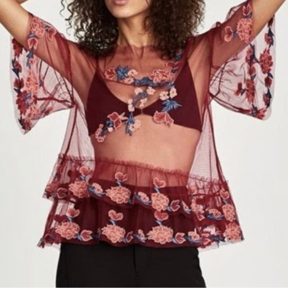 Zara mesh floral appliqué babydoll top